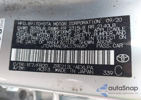 2021 Toyota Corolla Le z USA, uszkodzony, nr VIN JTDVPMAE5MJ139687